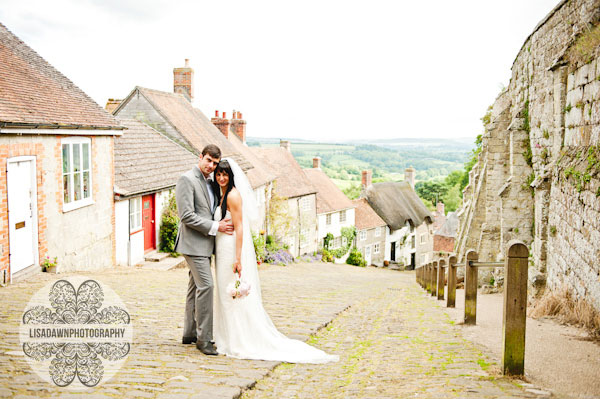 bride and groom on Gold Hill, Shaftesbury