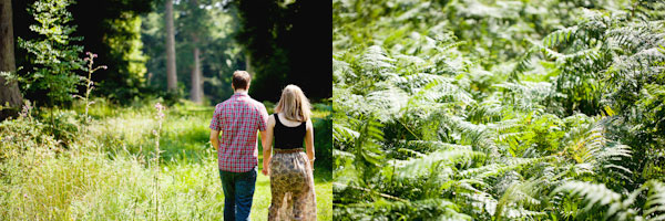 Bride and groom to be walking through the woods