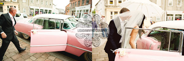 pink cadillac wedding car