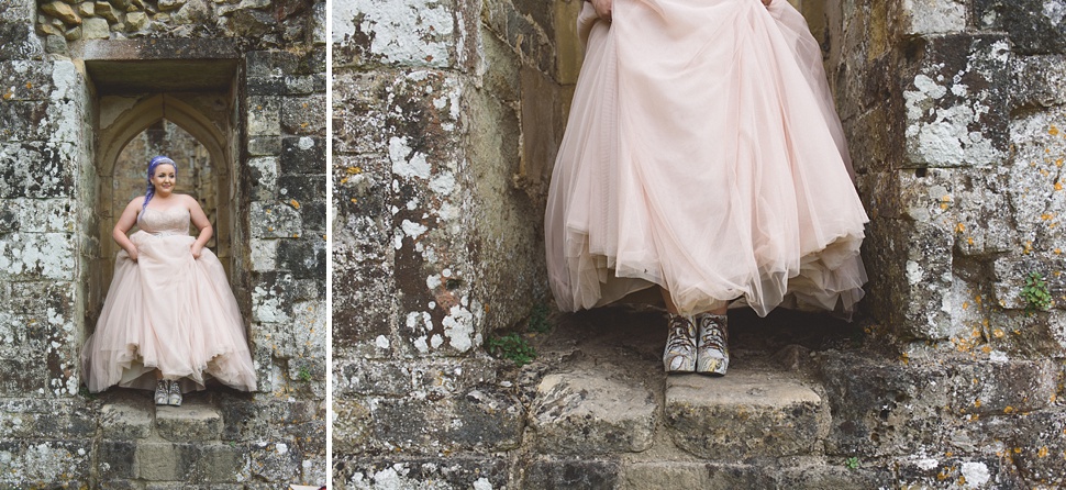 Bride wearing pink tulle wedding dress