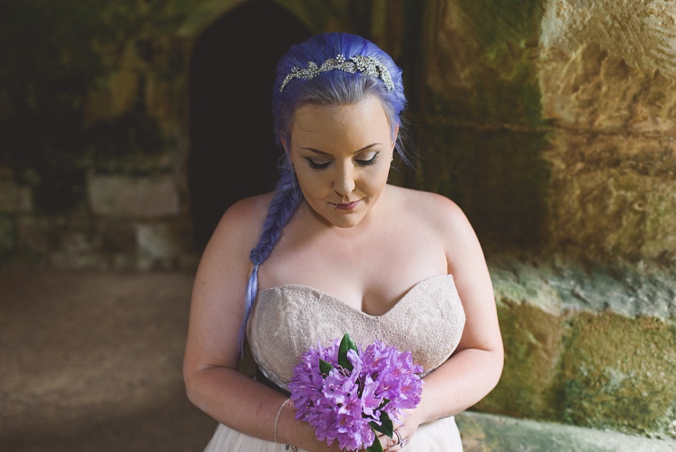 Purple hair bride purple bouquet