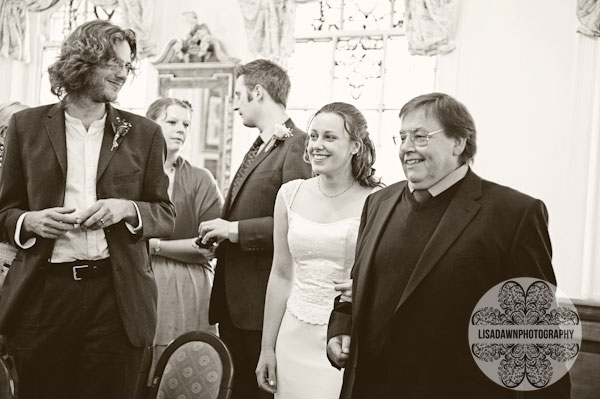 Bride and father coming down the stairs