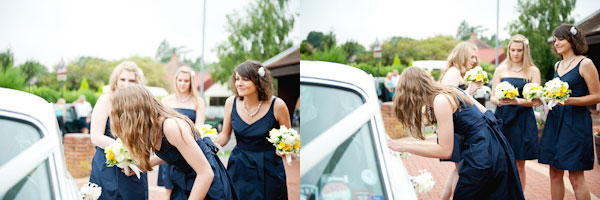 Bridesmaids with wedding car