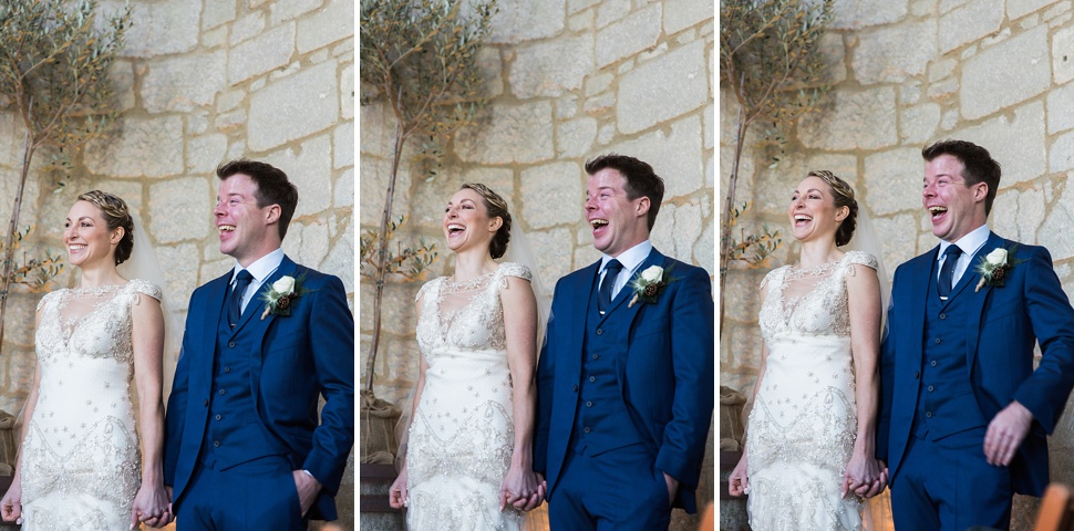 Bride and groom laughing