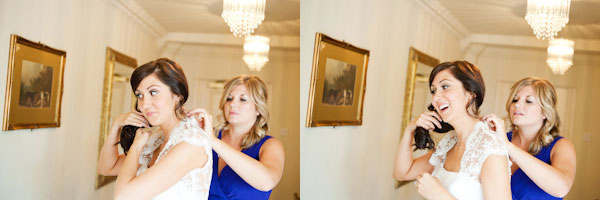 Bridesmaid putting brides necklace on