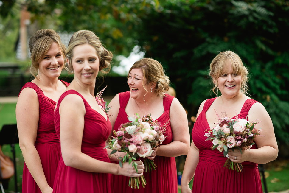 Bridesmaids, dresses, red