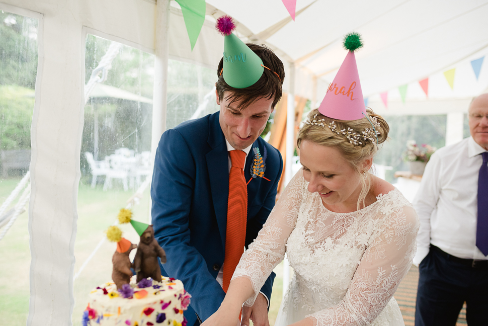 Fun wedding couple, hats, Wareham